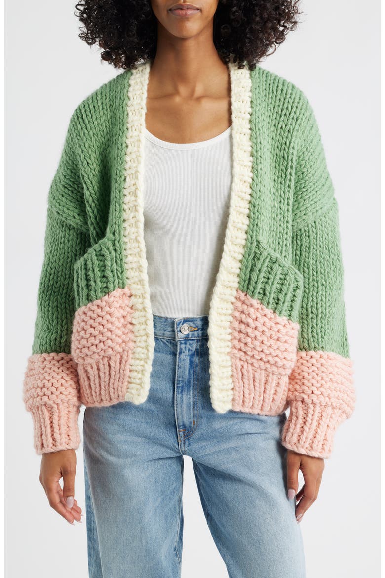 Colorblock Chunky Cardigan, Main, color, GREEN