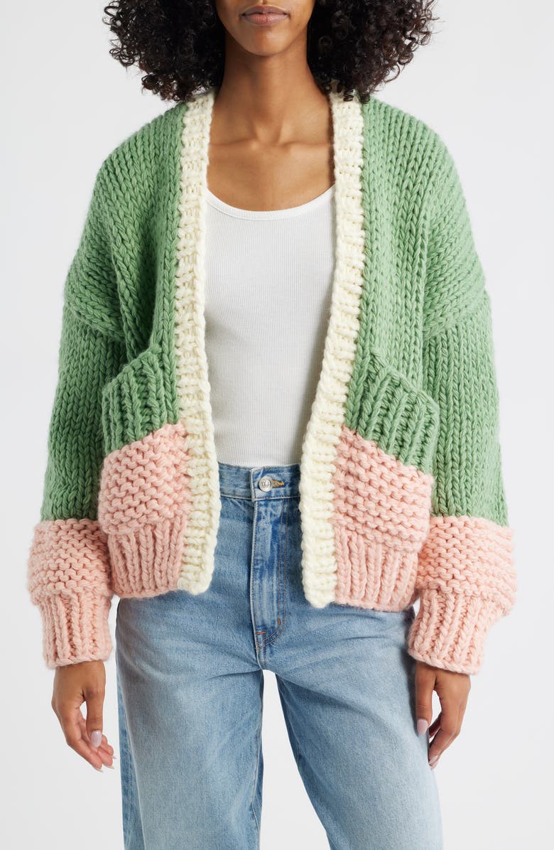 Roffe Accessories Colorblock Chunky Cardigan, Main, color, Green