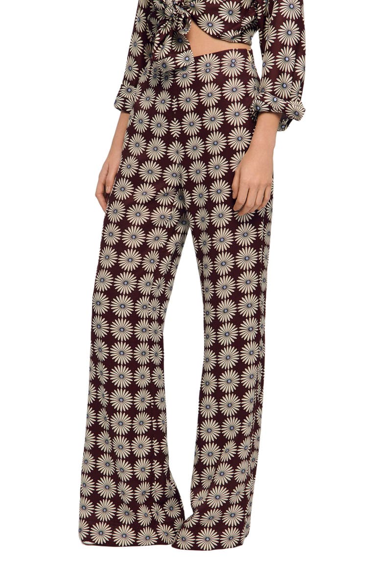 SANDRO Floral-print floaty trousers, Main, color, Deep Blue / Ocher