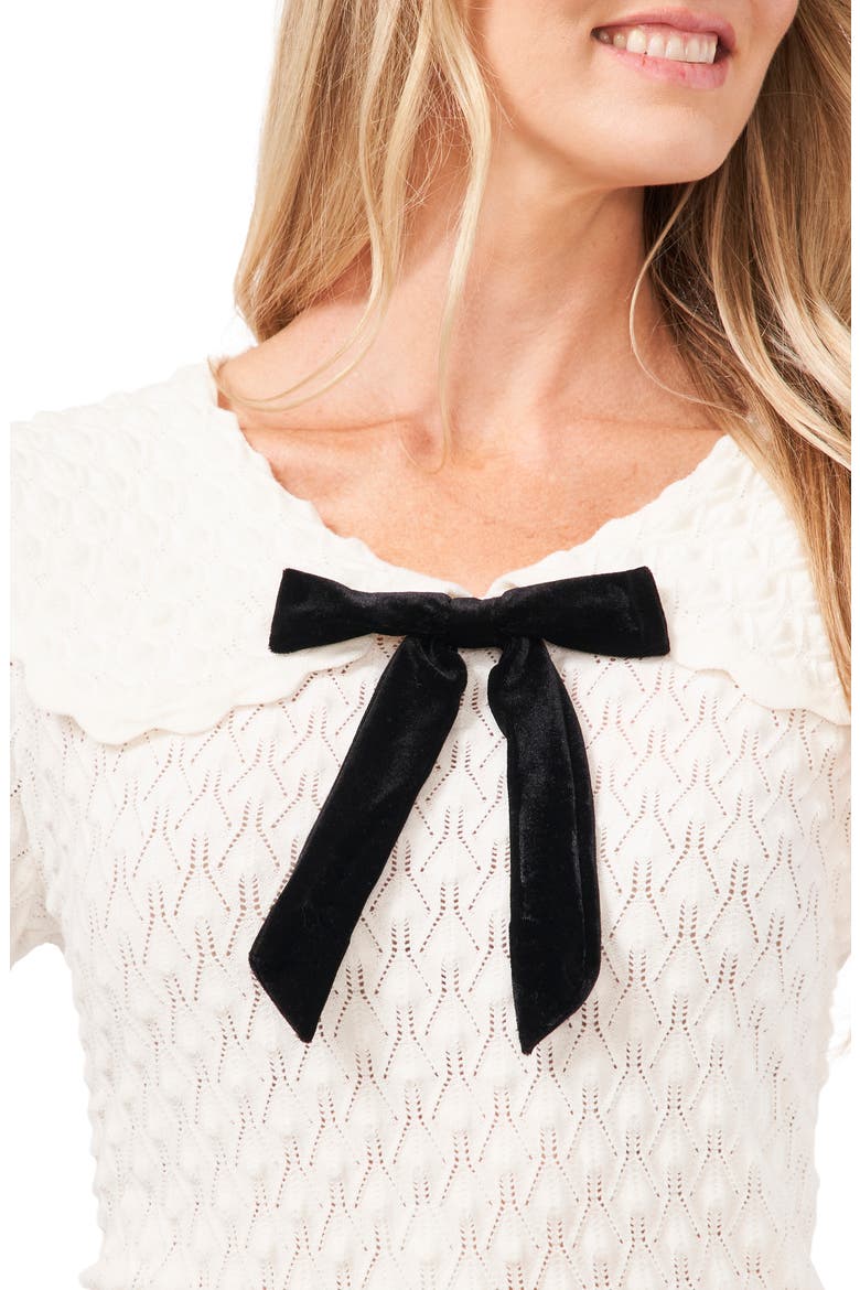 Pointelle Knit Collared Sweater with Velvet Bow, Alternate, color, ANTIQUE WHITE