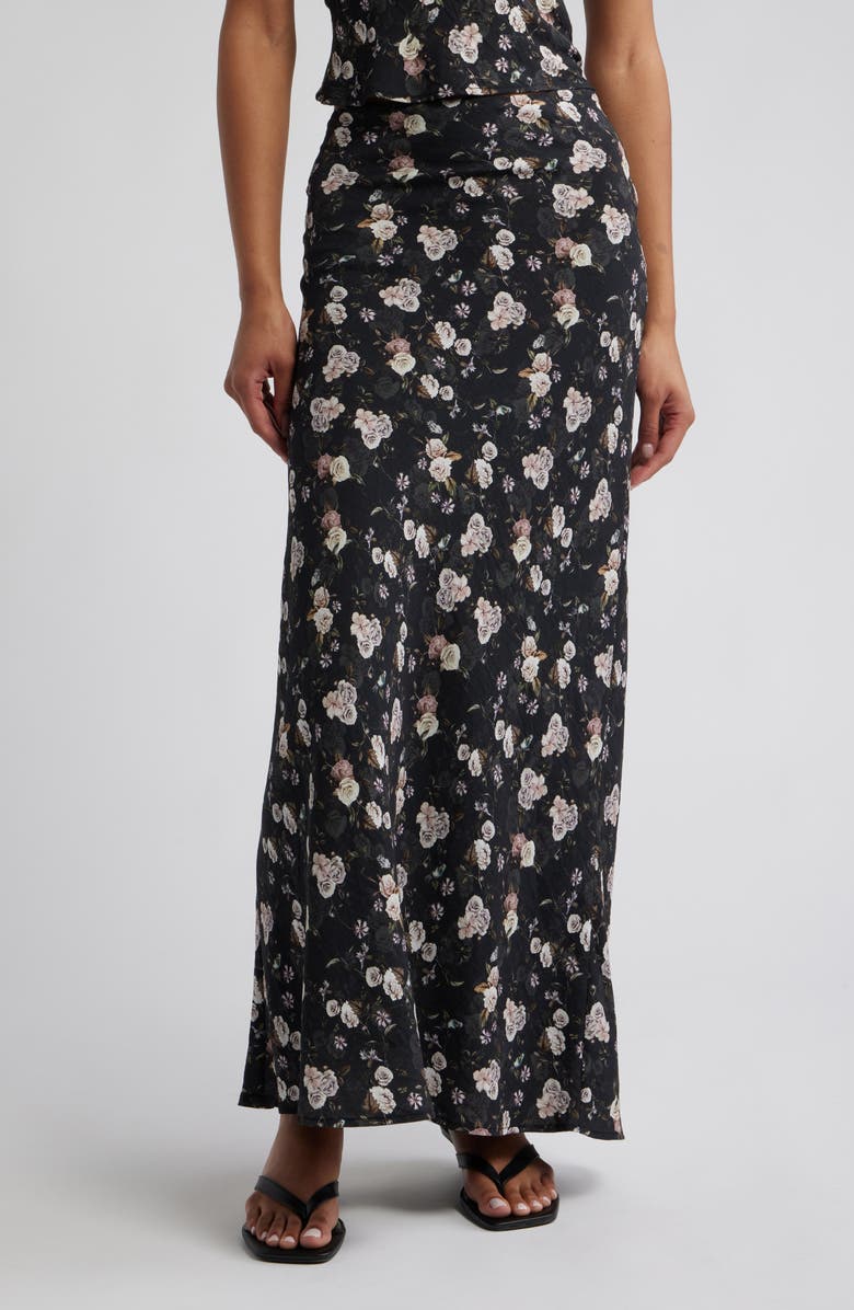 Petal & Pup Giarda Floral Print Crinkle Maxi Skirt, Main, color, Black Floral