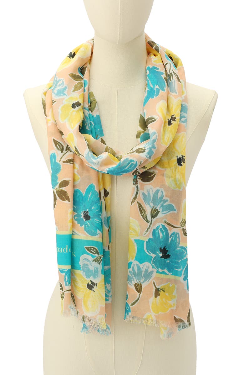 Kate Spade New York spring roses oblong cotton & silk blend scarf, Alternate, color, Coral Multi