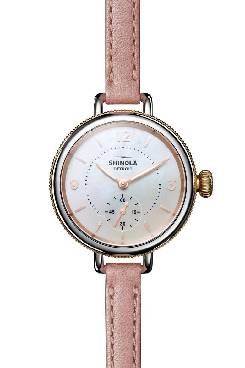 Birdy Blush Leather Strap Watch, 34mm, Main, color, WHITE MOTHER OF PEARL