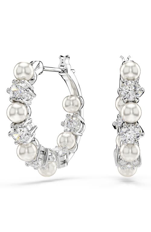 Swarovski Matrix Crystal & Imitation Pearl Small Hoop Earrings In White