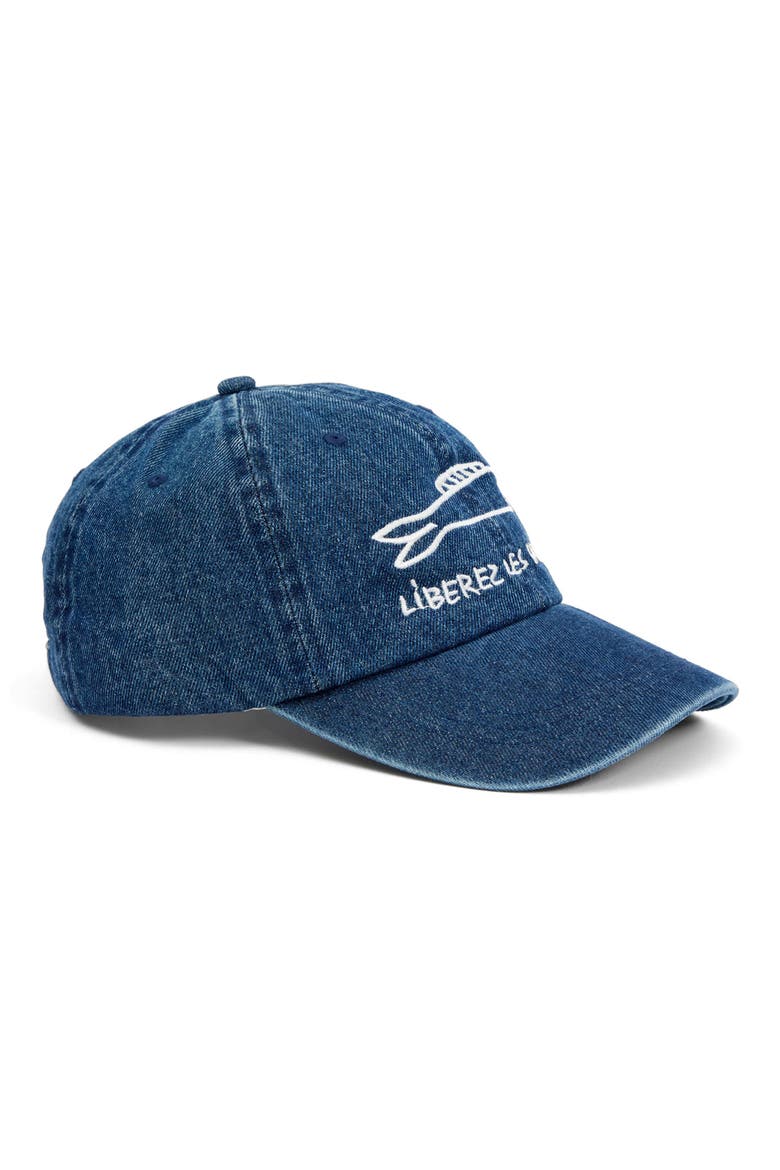 Liberez les Sardines Embroidered Denim Baseball Cap, Alternate, color, DENIM