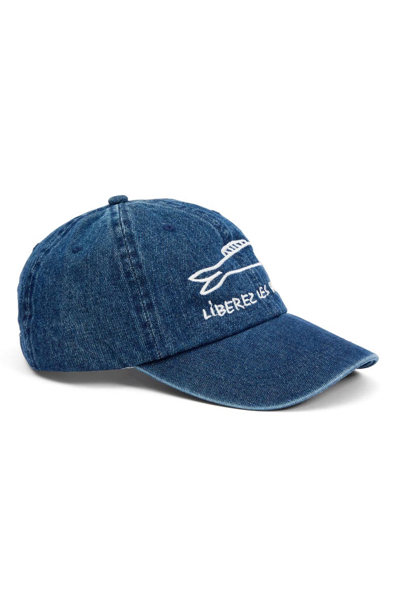 Clare V. Liberez les Sardines Embroidered Denim Baseball Cap, Alternate, color, Denim