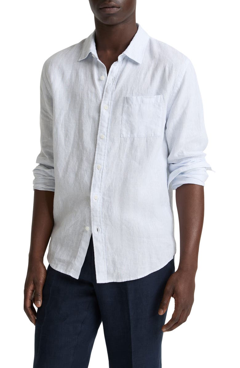 Vince Tate Stripe Linen Button-Up Shirt, Main, color, Optic White/ Novo