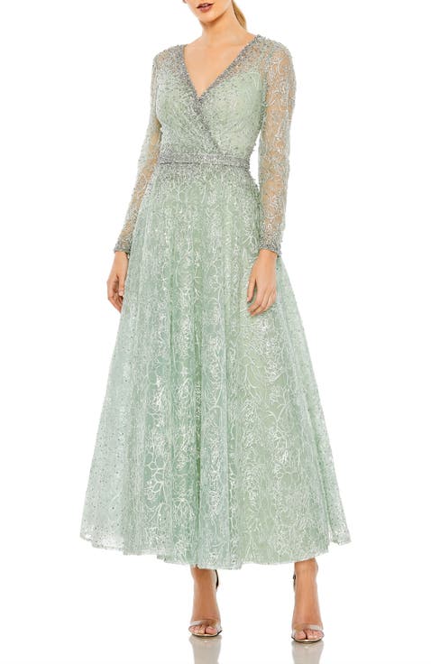 Embellished Wrap Over Long Sleeve Midi Dress