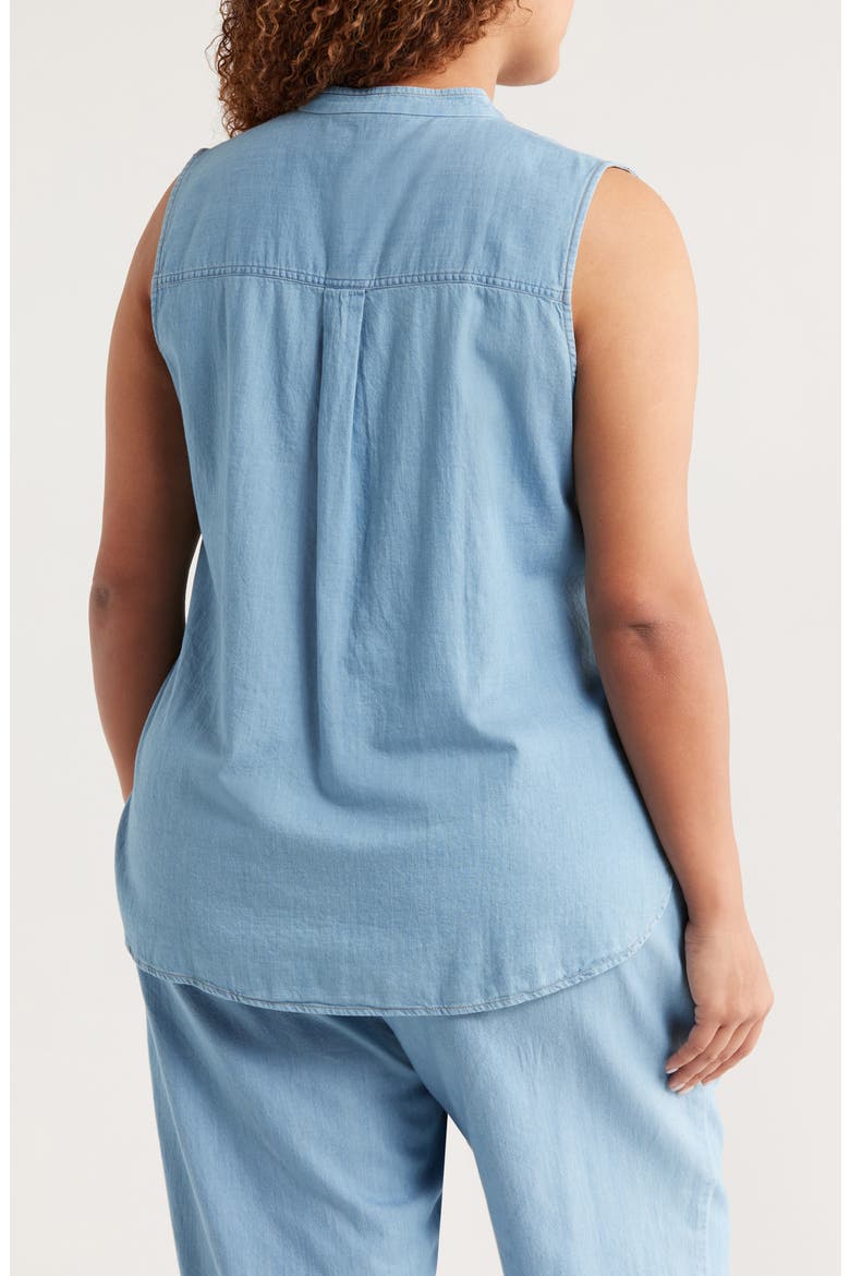 Sleeveless Band Collar Chambray Button-Up Shirt, Alternate, color, WASHED INDIGO