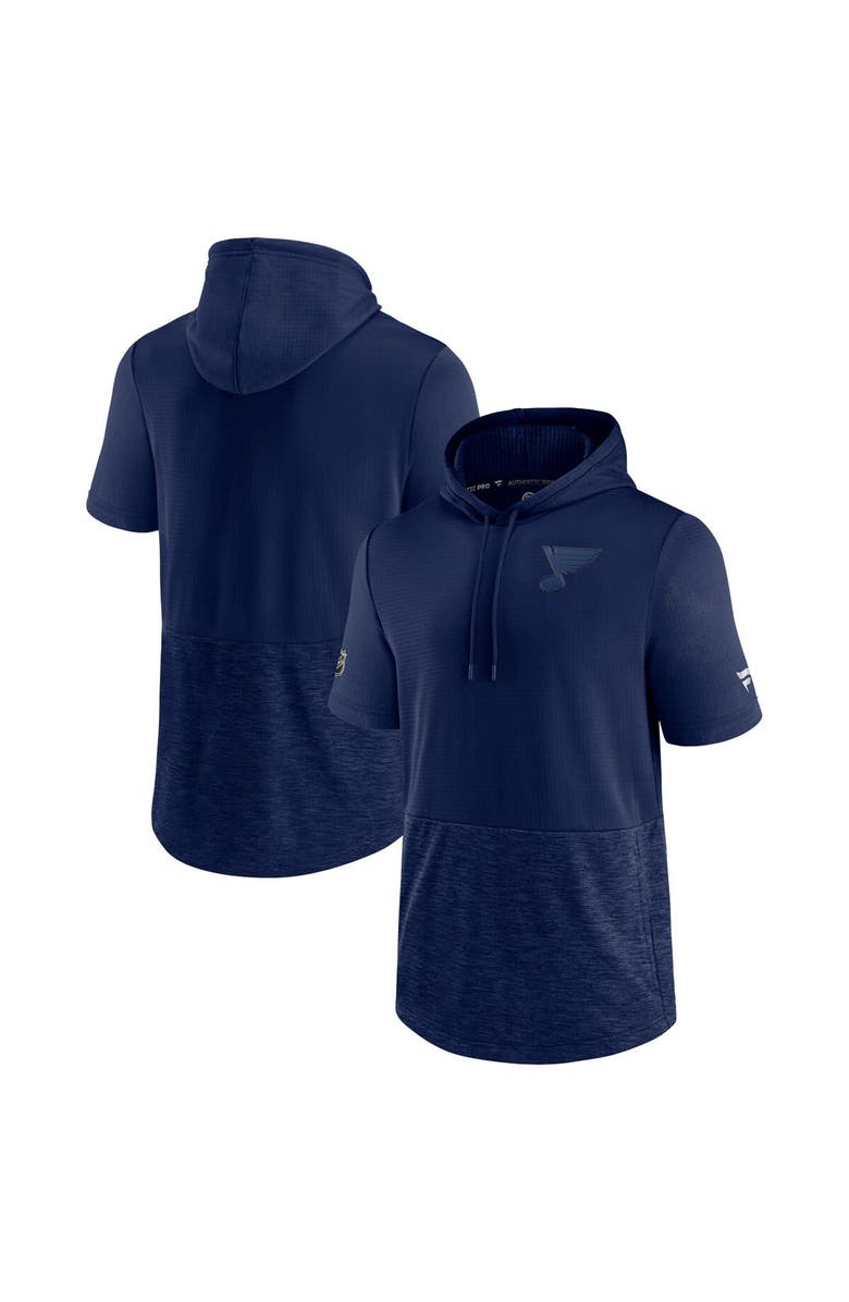 FANATICS Men's Fanatics Branded Navy St. Louis Blues Authentic Pro Travel and Training Short Sleeve Pullover Hoodie, Main, color, 