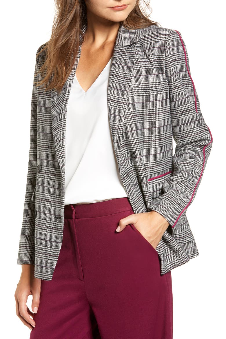 Chriselle Lim Bianca Piped Houndstooth Blazer (Nordstrom Exclusive), Main, color, GREY PLAID