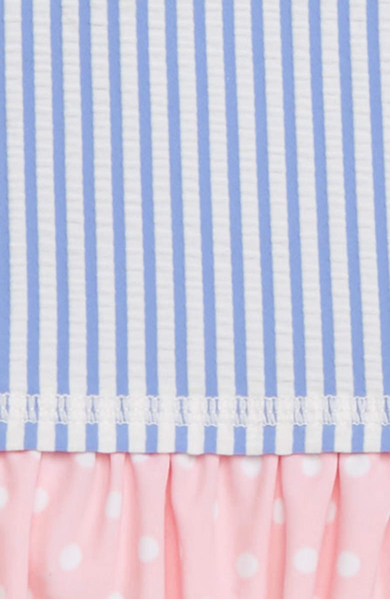 RuffleButts Seersucker Three-Piece Rashguard Swimsuit with Hat, Alternate, color, 