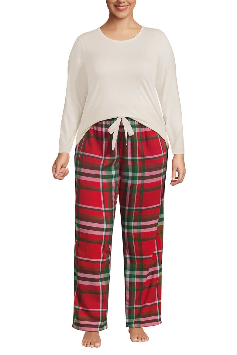 Plus Size Pajama Gift Set - Knit Long Sleeve Top and Flannel Pants, Main, color, Compass Red/Emerald Plaid