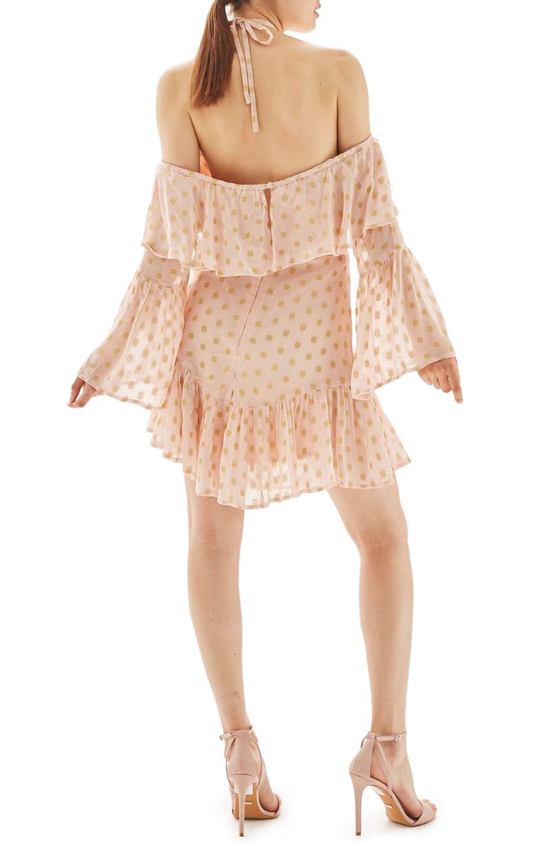 Topshop Golden Spot Cold Shoulder Halter Dress, Alternate, color,