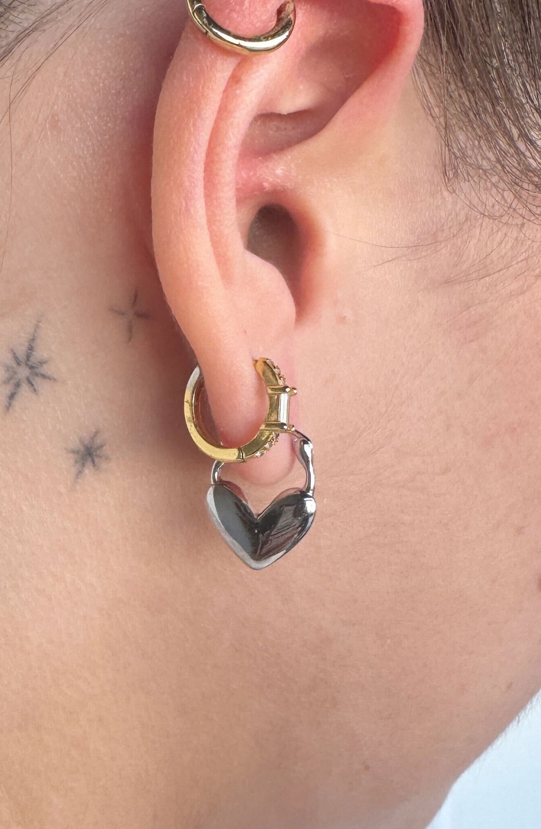 Nickel & Suede Heart Lock Huggies, Alternate, color, Silver