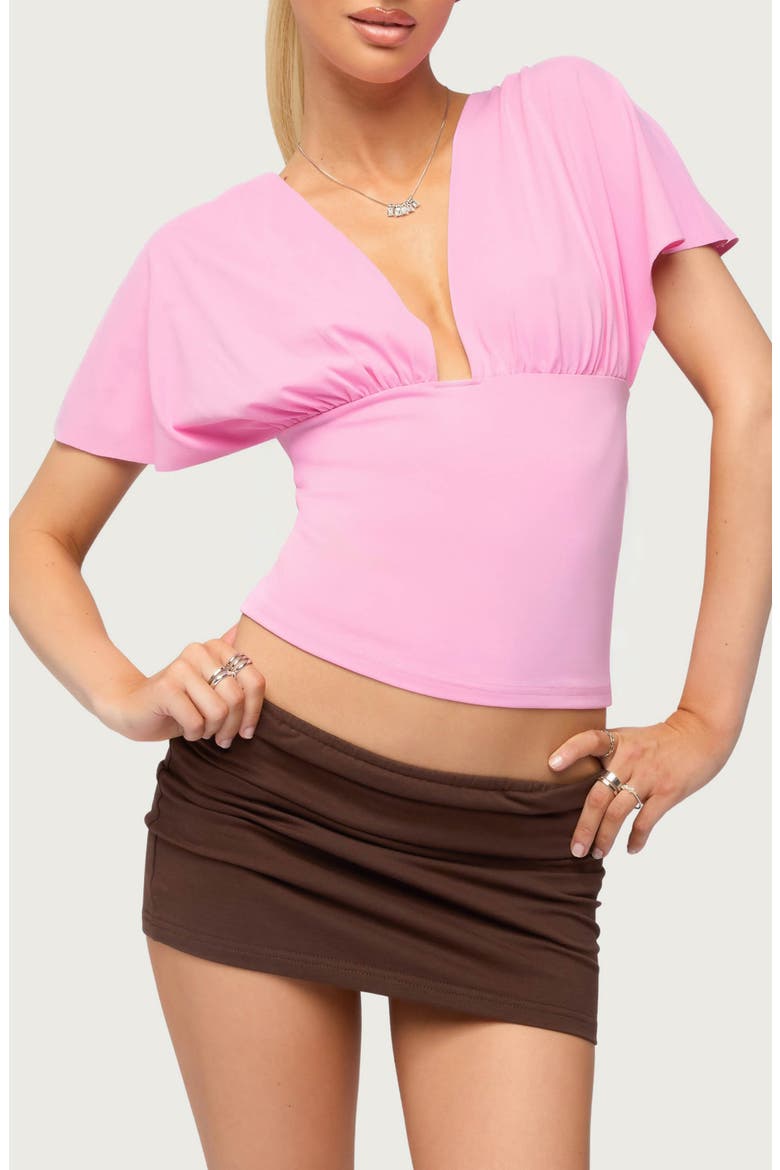 Flutter Sleeve Plunge Neck Crop Top, Main, color, PINK
