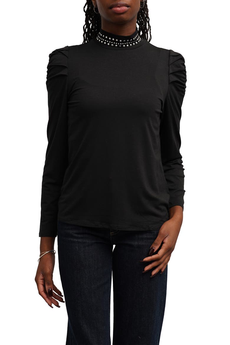 Studded Mock Neck Puff Sleeve Top, Main, color, BLACK