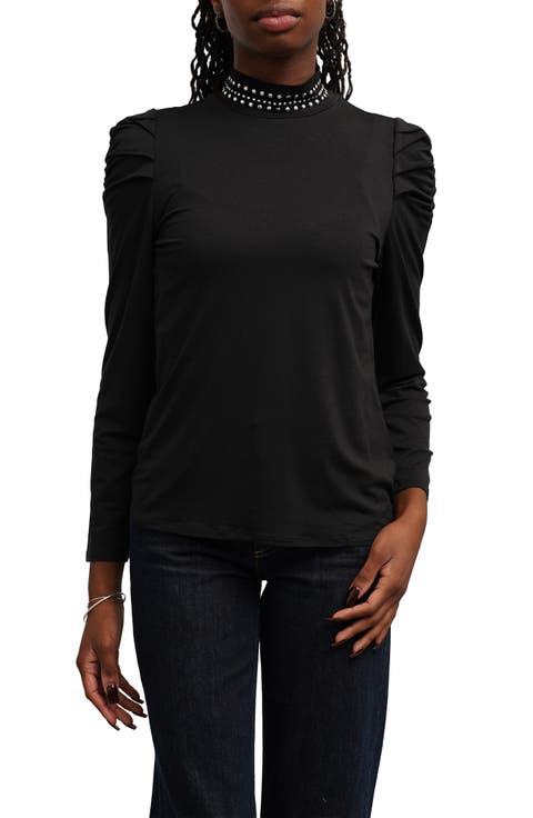 Studded Mock Neck Puff Sleeve Top