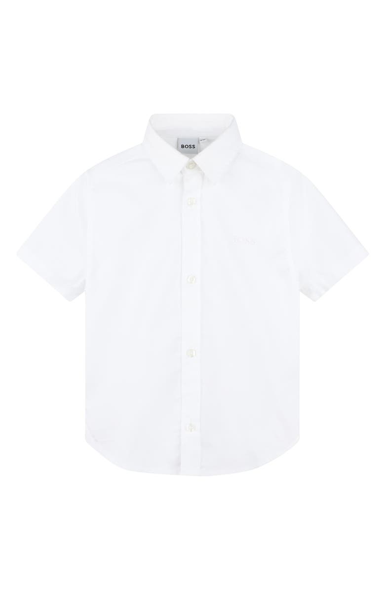 BOSS Kidswear Solid Short Sleeve Cotton Button-Up Shirt, Main, color, White