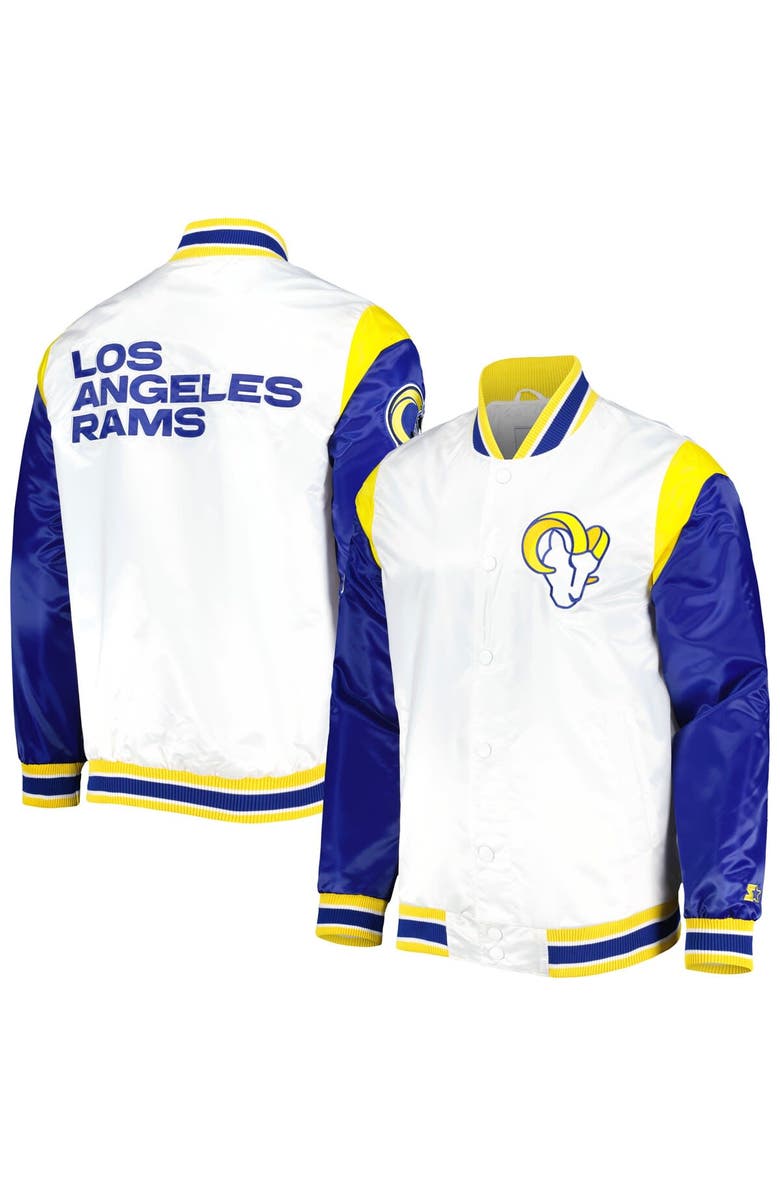 STARTER Men's Starter White Los Angeles Rams Throwback Warm Up Pitch Satin Full-Snap Varsity Jacket, Main, color,