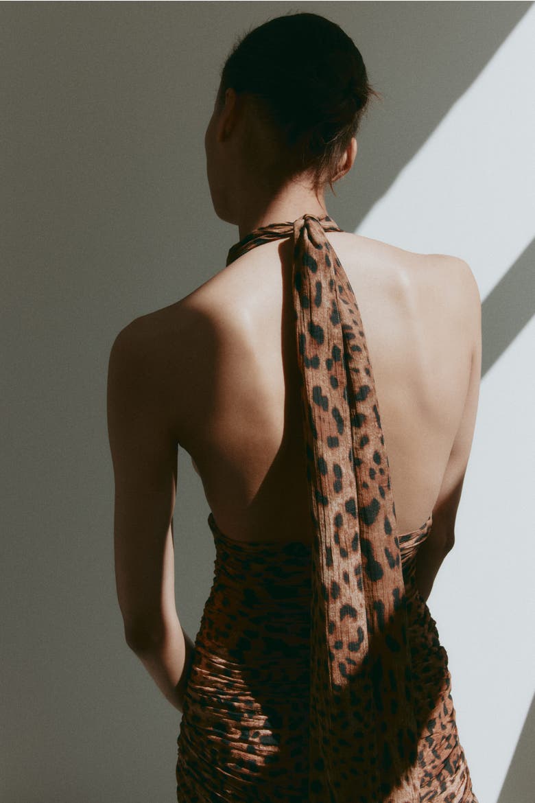 Ruched Scarf-detail Dress, Alternate, color, Light brown/leopard print