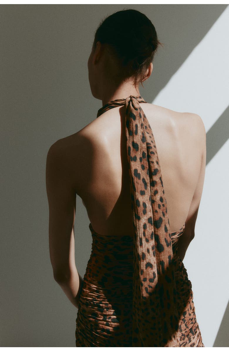 H&M Ruched Scarf-detail Dress, Alternate, color, Light Brown/Leopard Print