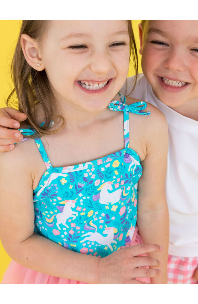 RuffleButts Baby Girls UPF50+ Tulle Skirted One Piece, Alternate, color, Bright Aqua Unicorn Meadow