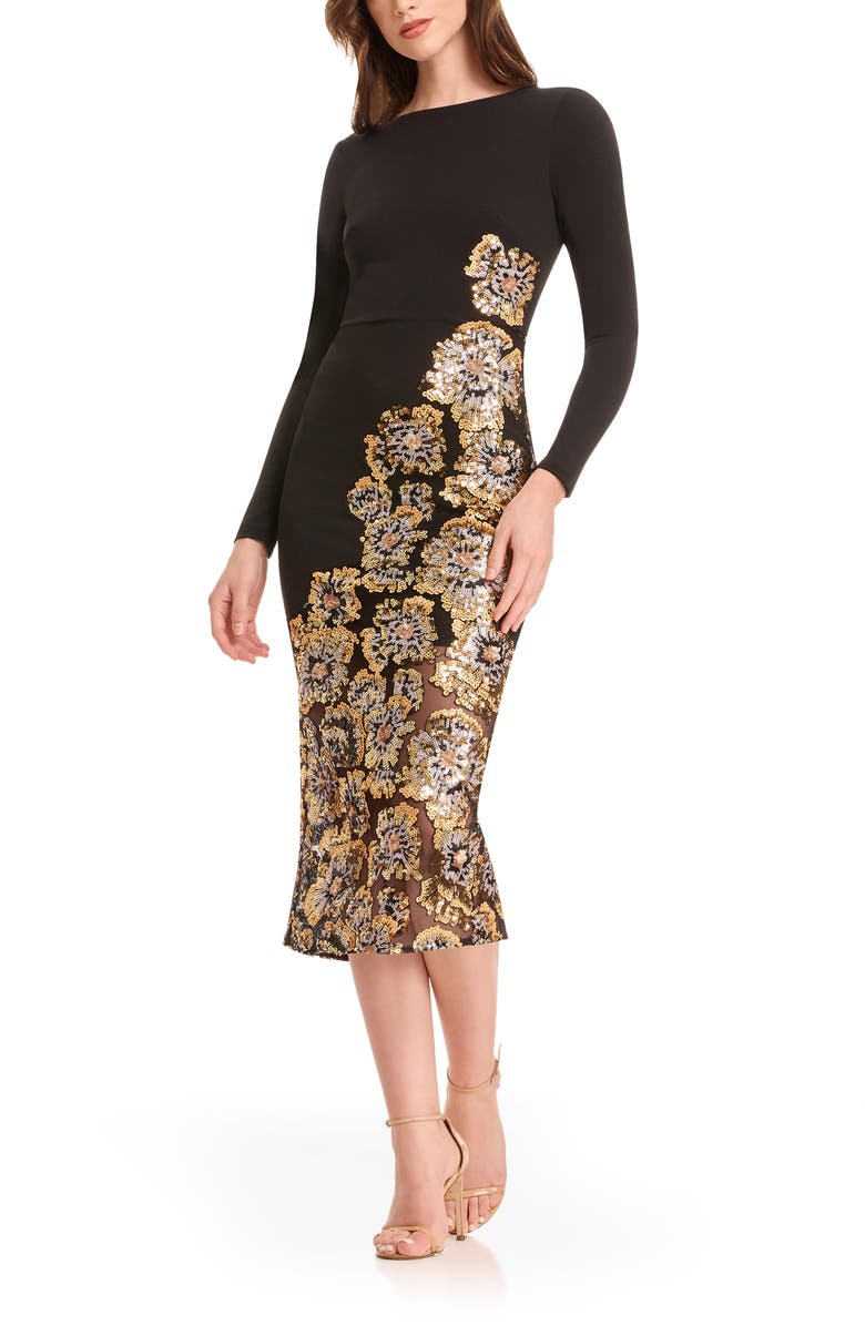 Dress the Population Mara Sequin Long Sleeve Midi Dress, Main, color, Gold Multi