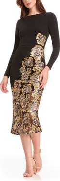 Dress the Population Mara Sequin Long Sleeve Midi Dress