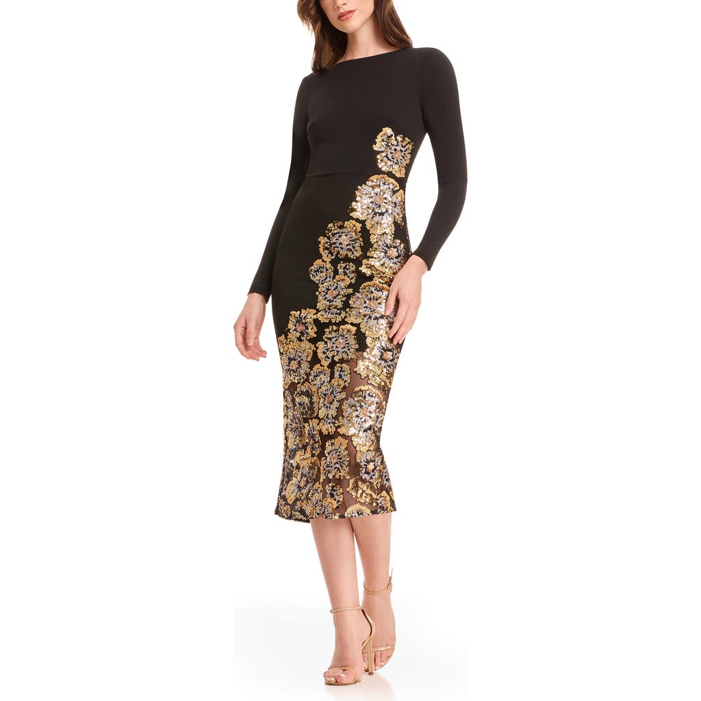 Dress The Population Mara Sequin Long Sleeve Midi Dress In Black