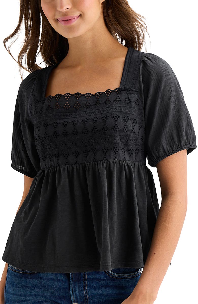 Lucky Brand Schiffli Square Neck Cotton Top, Alternate, color, Caviar