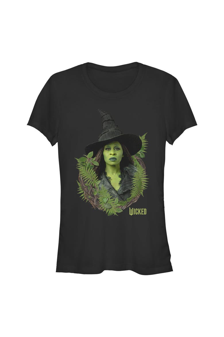 Junior's Wicked For Good Elphaba Forest Portrait  Graphic T-Shirt, Main, color, Black