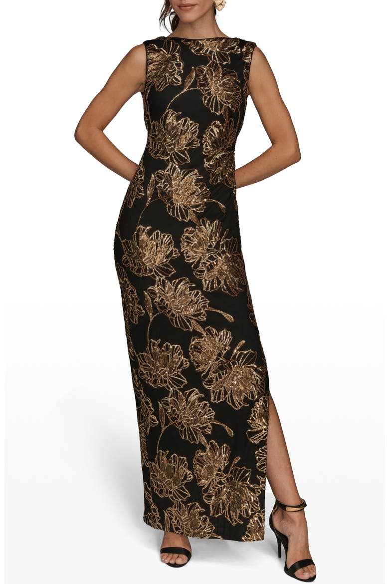 Sequin Floral Sleeveless Gown, Main, color, BLACK/ GOLD