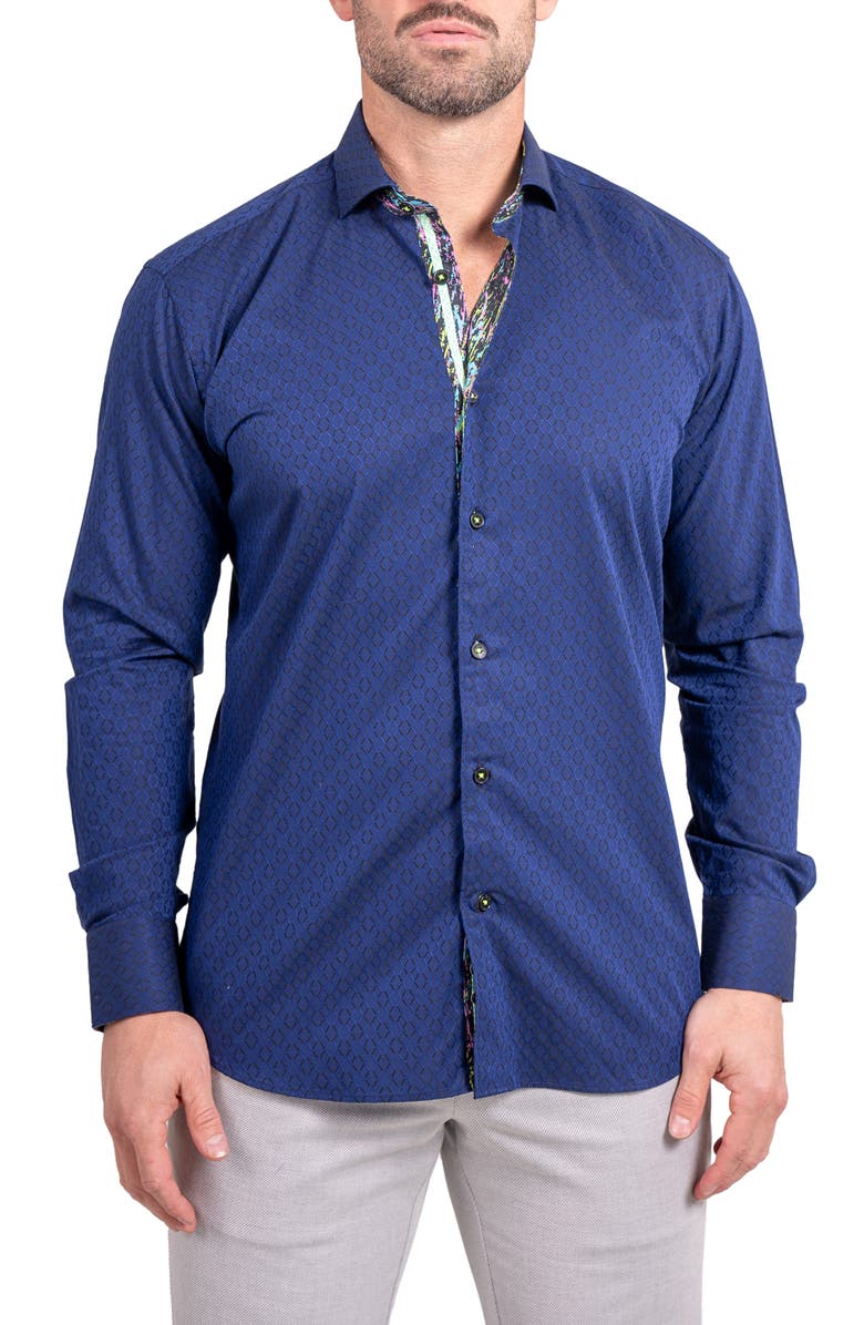 Maceoo Einstein Ascension0083 Blue Tonal Diamond Cotton Button-Up Shirt, Main, color, Blue
