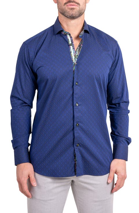 Einstein Ascension0083 Blue Tonal Diamond Cotton Button-Up Shirt