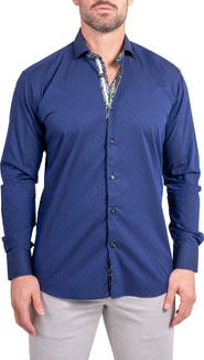 Maceoo Einstein Ascension0083 Blue Tonal Diamond Cotton Button-Up Shirt