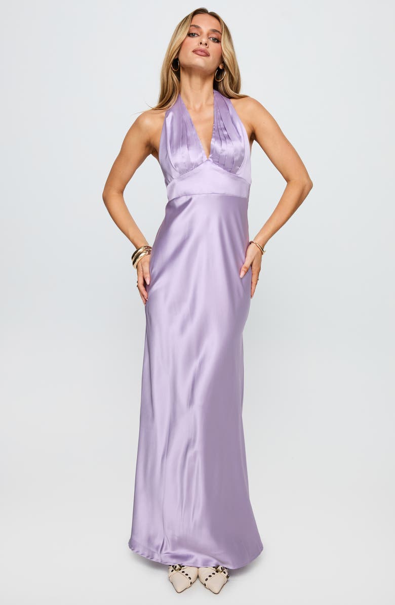 Princess Polly Big Screen Halter Neck Satin Gown, Alternate, color, Lilac