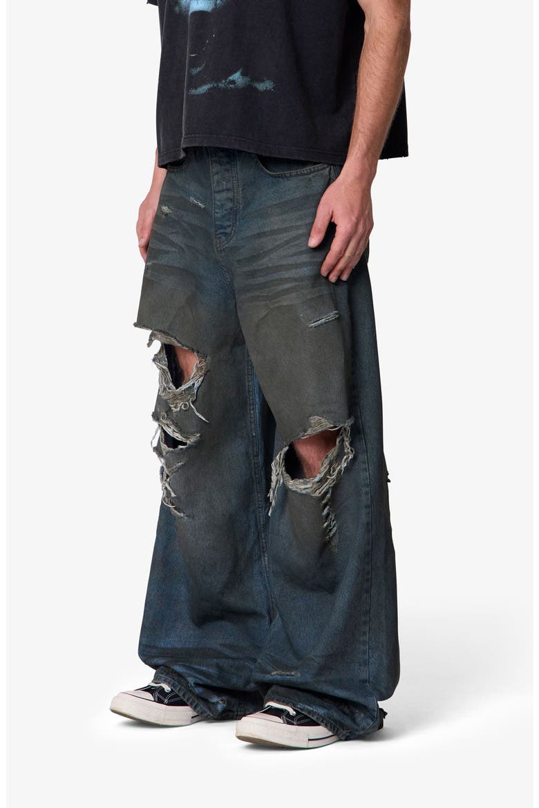 Oil Stain Rave Ripped Relaxed Wide Leg Jeans, Alternate, color, BLUE