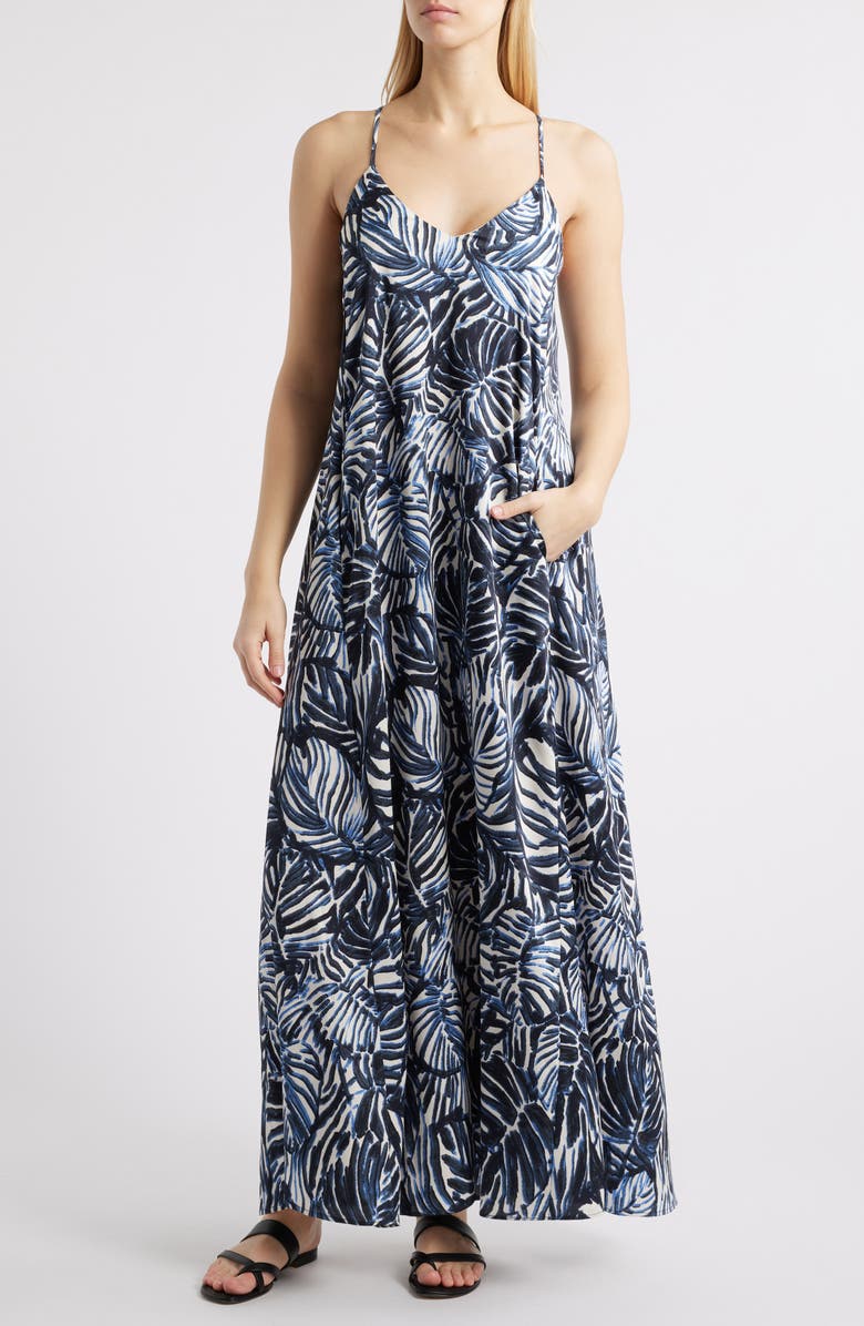 Tahari ASL Palm Print Charmeuse Maxi Slipdress, Main, color, 