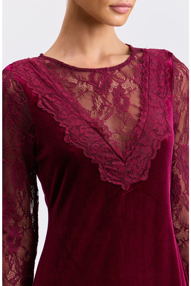 Lace & Velvet Midi Dress, Alternate, color, BURGUNDY