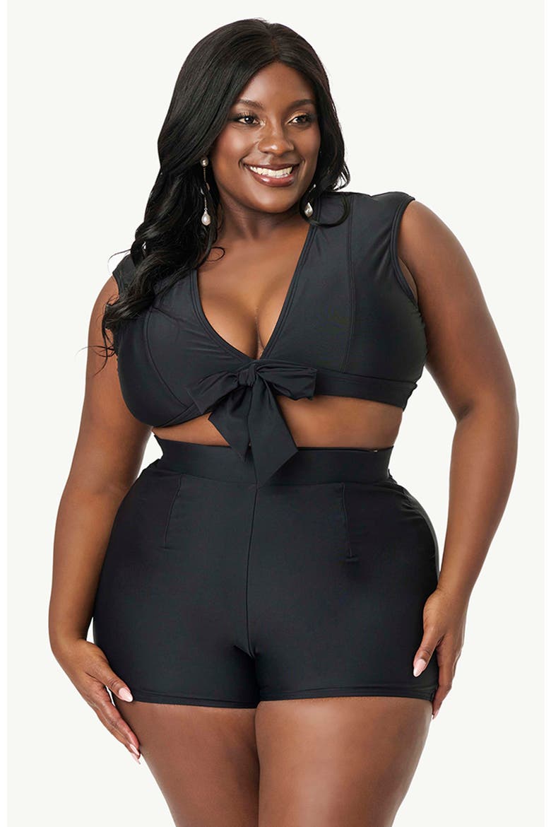 Plus Size High Waist Swim Shorts, Main, color, Black