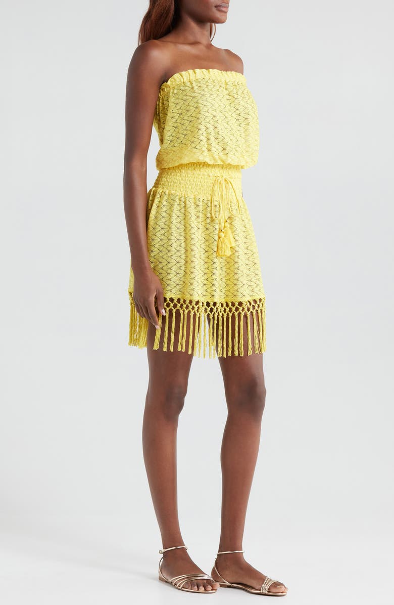 Ramy Brook Lauryn Strapless Fringe Hem Minidress, Alternate, color, Lemon Drop Zig Zag
