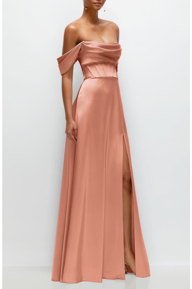 Off the Shoulder Satin Charmeuse Gown with Removable Sleeves, Alternate, color, COPPER PENNY