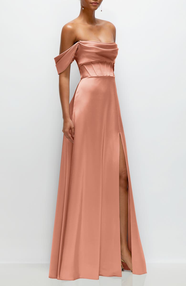 Off the Shoulder Satin Charmeuse Gown with Removable Sleeves