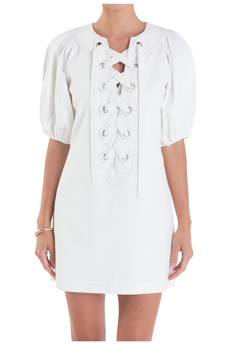 Lace-Up Front Puff Sleeve Minidress, Alternate, color, OFF WHITE