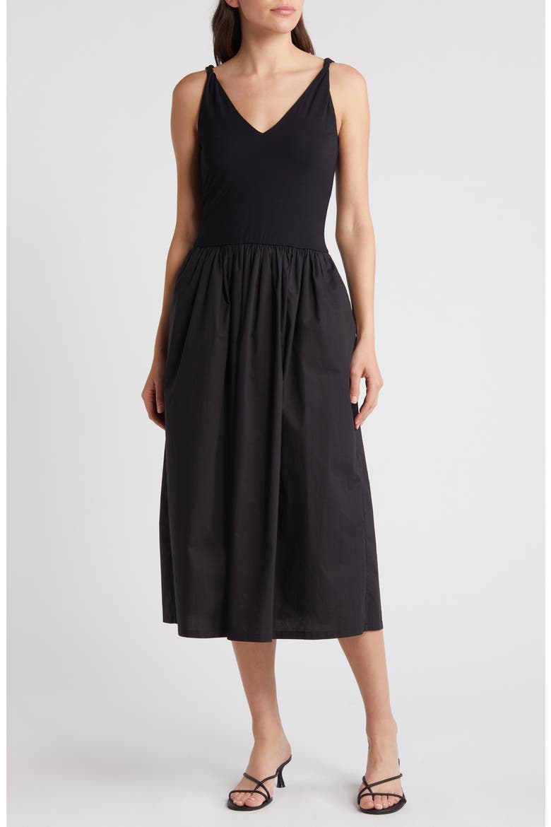 Franca Mixed Media Sleeveless Midi Dress, Main, color, BLACK