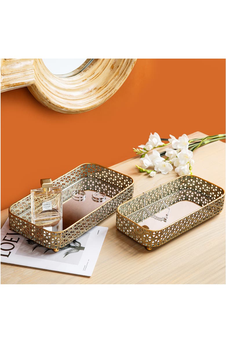 Glitzhome Set of 2 Rectangle Metal Gold Mirrored Decorative Trays, Alternate, color, Gold