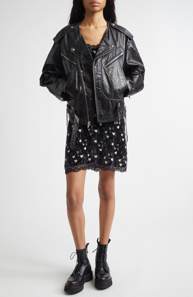 R13 Belted Leather Moto Jacket, Alternate, color, Black