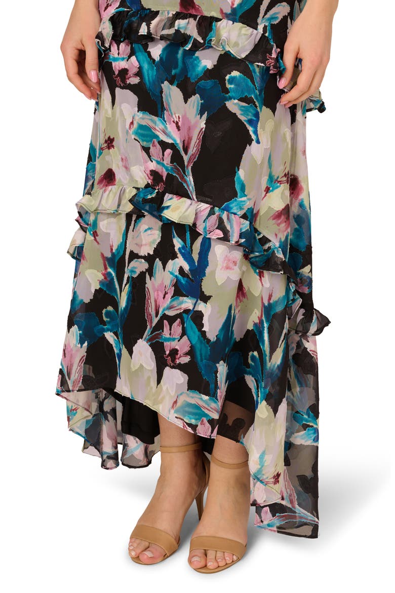 Floral Ruffle Chiffon Evening Gown, Alternate, color, BLACK MULTI