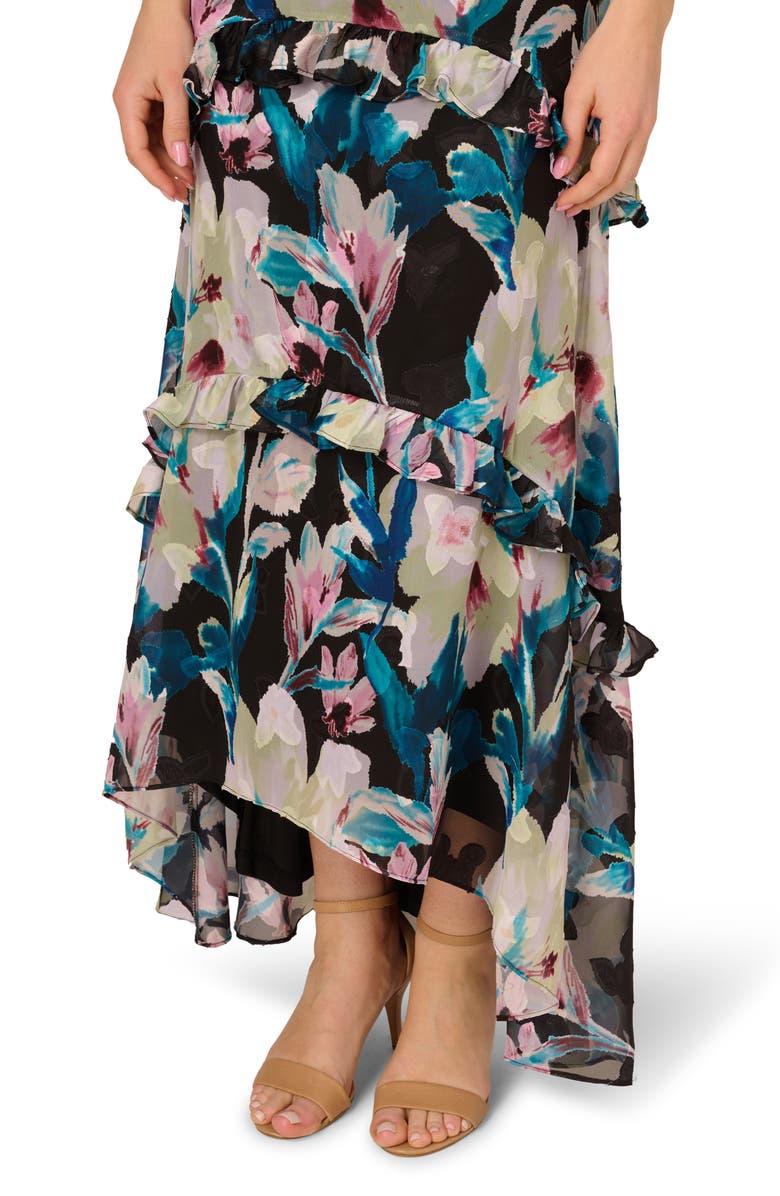 Adrianna Papell Floral Ruffle Chiffon Evening Gown, Alternate, color, Black Multi